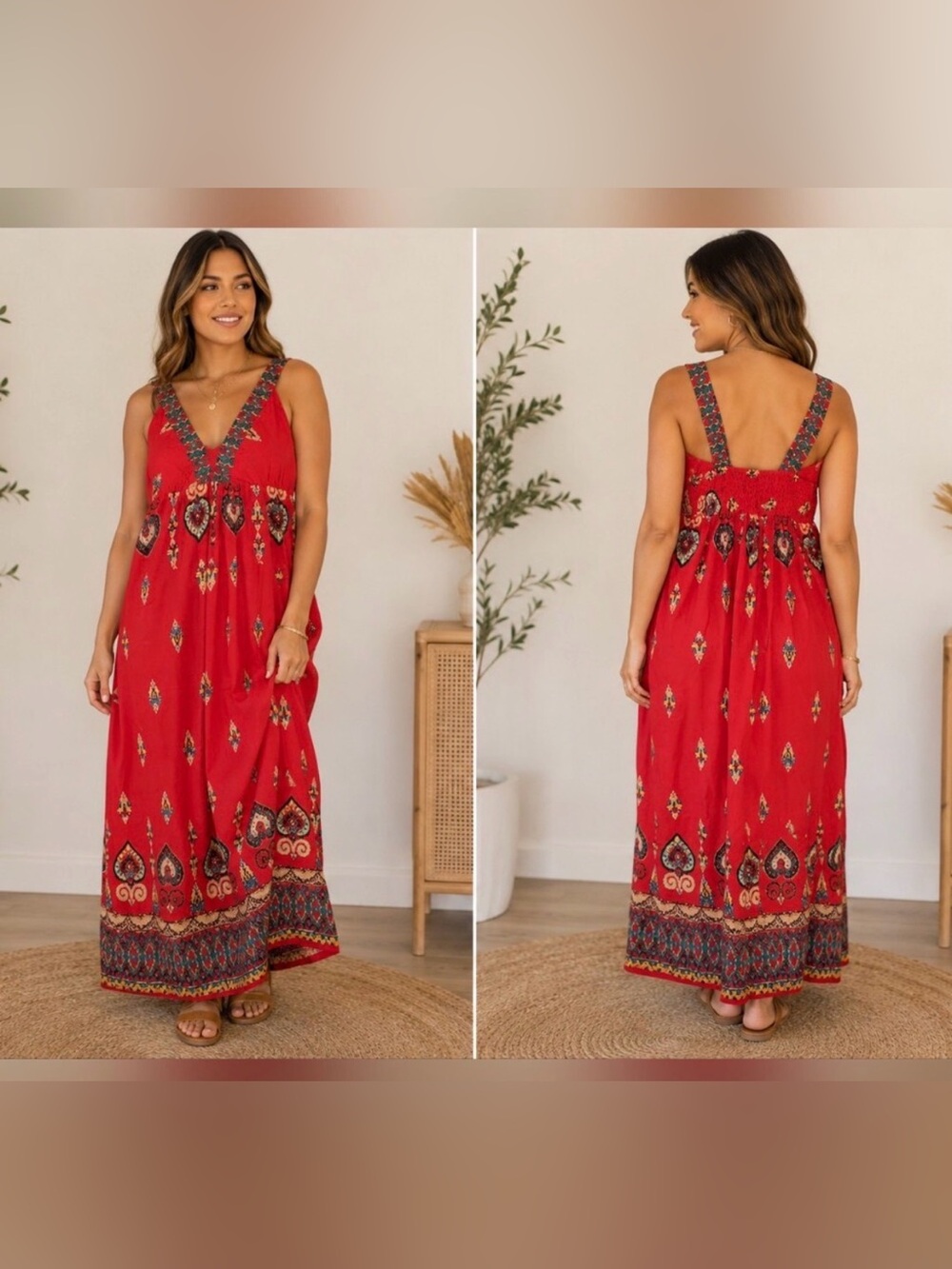 Angie Boho Maxi Dress XL Red Paisley Sleeveless Smocked Back 100% Cotton